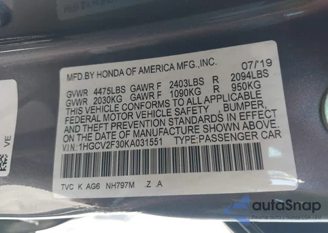 2019 Honda Accord Sport z USA, uszkodzony, nr VIN 1HGCV2F30KA031551